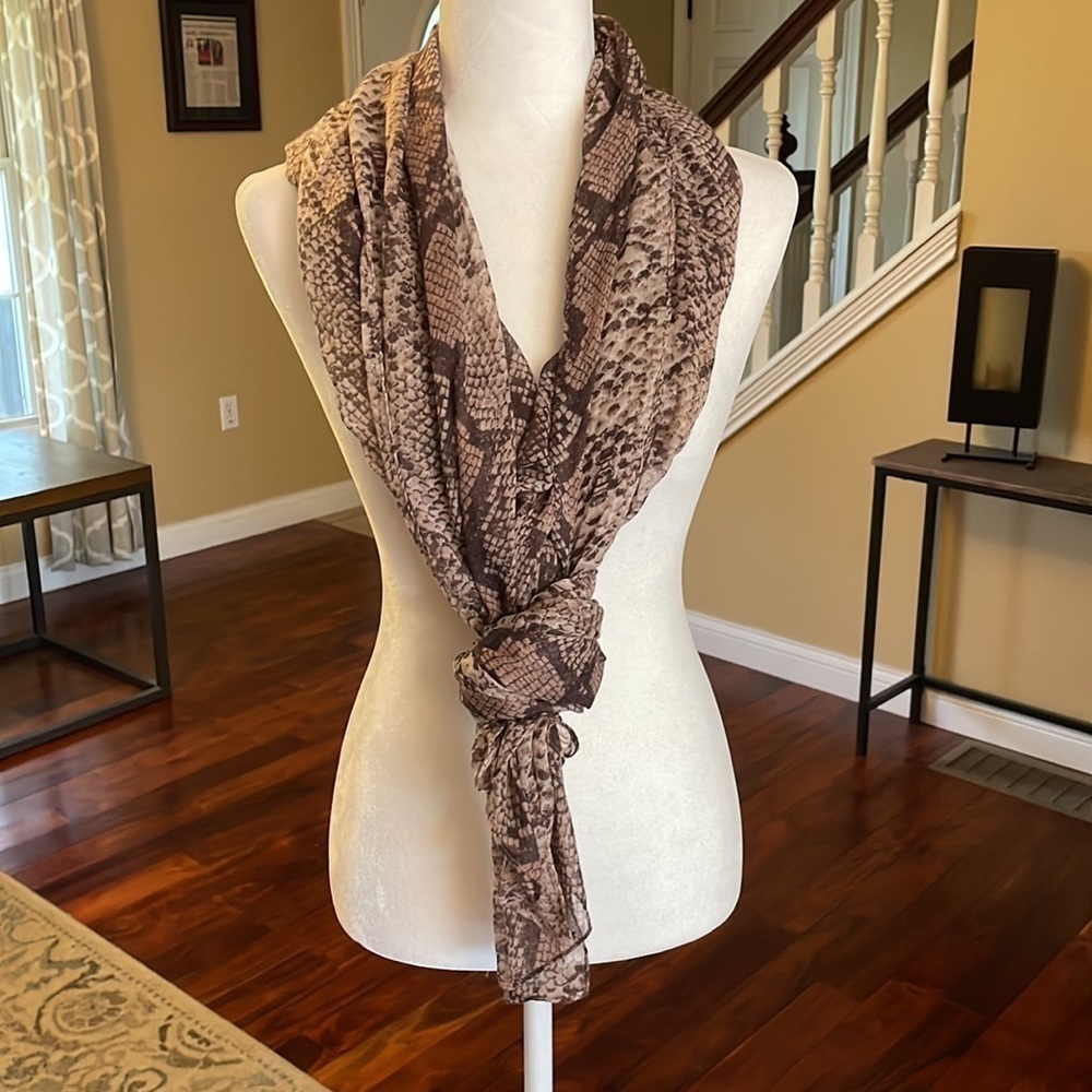 Oversized Snakeskin Scarf, Sheer Reptile Print, Western Style, Brown & Tan, OS